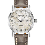 Longines 1832 Watch - 30 mm Steel Case - Beige Mother-Of-Pearl Diamond Dial - Beige Alligator Strap - L4.325.4.87.2