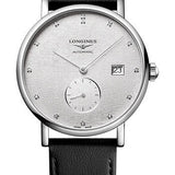 Longines Elegant Collection Small Seconds Automatic Watch - 39 mm Steel Case - Striped Silver Diamond Dial - Black Strap - Vegetable Material Bracelet - L4.812.4.77.2