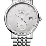 Longines Elegant Collection Small Seconds Automatic Watch - 39 mm Steel Case - Striped Silver Diamond Dial - Bracelet - L4.812.4.77.6