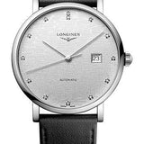 Longines Elegant Collection Automatic Watch - 41 mm Steel Case - Striped Silver Diamond Dial - Black Strap - Vegetable Material Bracelet - L4.911.4.77.2