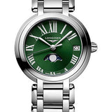 Longines PrimaLuna Moon Phase Quartz Watch - 30.5 mm Steel Case - Green Roman Dial - Bracelet - L8.115.4.61.6