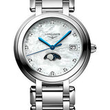 Longines PrimaLuna Moon Phase Quartz Watch - 34 mm Steel Case - White Mother-Of-Pearl Diamond Dial - Bracelet - L8.116.4.87.6