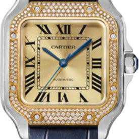 Cartier Santos De Cartier Medium Automatic Yellow Gold Steel Diamonds Interchangeable Metal And Leather Bracelets - W3SA0007