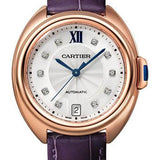 Cartier Cle de Cartier Watch - 35 mm Pink Gold Case - Silvered Flinque Diamond Dial - Aubergine Alligator Strap - WJCL0032