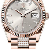 Rolex Day-Date 36 36mm Silver Diamond-Set Dial Fluted Bezel President Bracelet - 128235 | 2024 Model