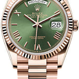 Rolex Day-Date 36mm Olive Green Dial Fluted Bezel President Bracelet - 128235 - 2025