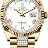 Rolex Day-Date 36 36mm White Roman Dial Fluted Bezel with Diamond-Set President Bracelet - 128238 | 2024 Model