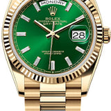 Rolex Day-Date 36 36mm Bright Green Diamond-set Dial Fluted Bezel President Bracelet - 128238 | 2024 Model
