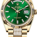 Rolex Day-Date 36 36mm Bright Green Diamond-Set Dial Fluted Bezel with Diamond-Set President Bracelet - 128238 | 2024 Model