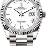 Rolex Day-Date 36 36mm White Roman Dial Fluted Bezel President Bracelet - 128239 | 2024 Model