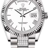 Rolex Day-Date 36 36mm White Roman Dial Fluted Bezel with Diamond-Set President Bracelet - 128239 | 2024 Model