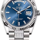 Rolex Day-Date 36 36mm Bright Blue Diamond-Set Dial Fluted Bezel with Diamond-Set President Bracelet - 128239 | 2024 Model