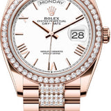 Rolex Day-Date 36 36mm White Roman Dial Diamond-Set Bezel with Diamond-Set President Bracelet - 128345RBR | 2024 Model