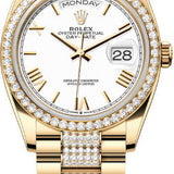 Rolex Day-Date 36 36mm White Roman Dial Diamond-Set Bezel with Diamond-Set President Bracelet - 128348RBR | 2024 Model