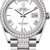 Rolex Day-Date 36 36mm White Roman Dial Diamond-Set Bezel with Diamond-Set President Bracelet - 128349RBR | 2024 Model