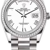 Rolex Day-Date 36 36mm White Roman Dial Diamond-Set Bezel President Bracelet - 128399TBR | 2024 Model